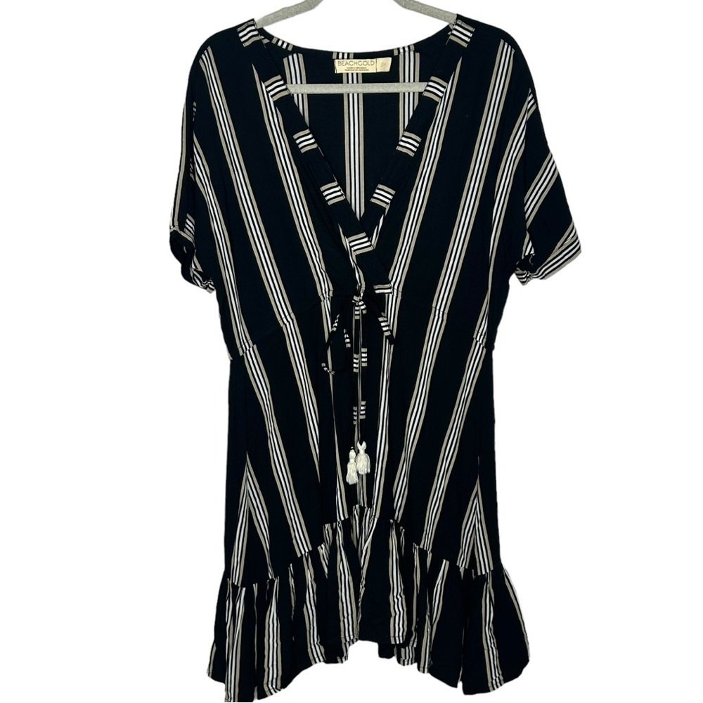 BEACHGOLD Striped V-Neck Ruffle Hem Mini Dress - Picture 2 of 15